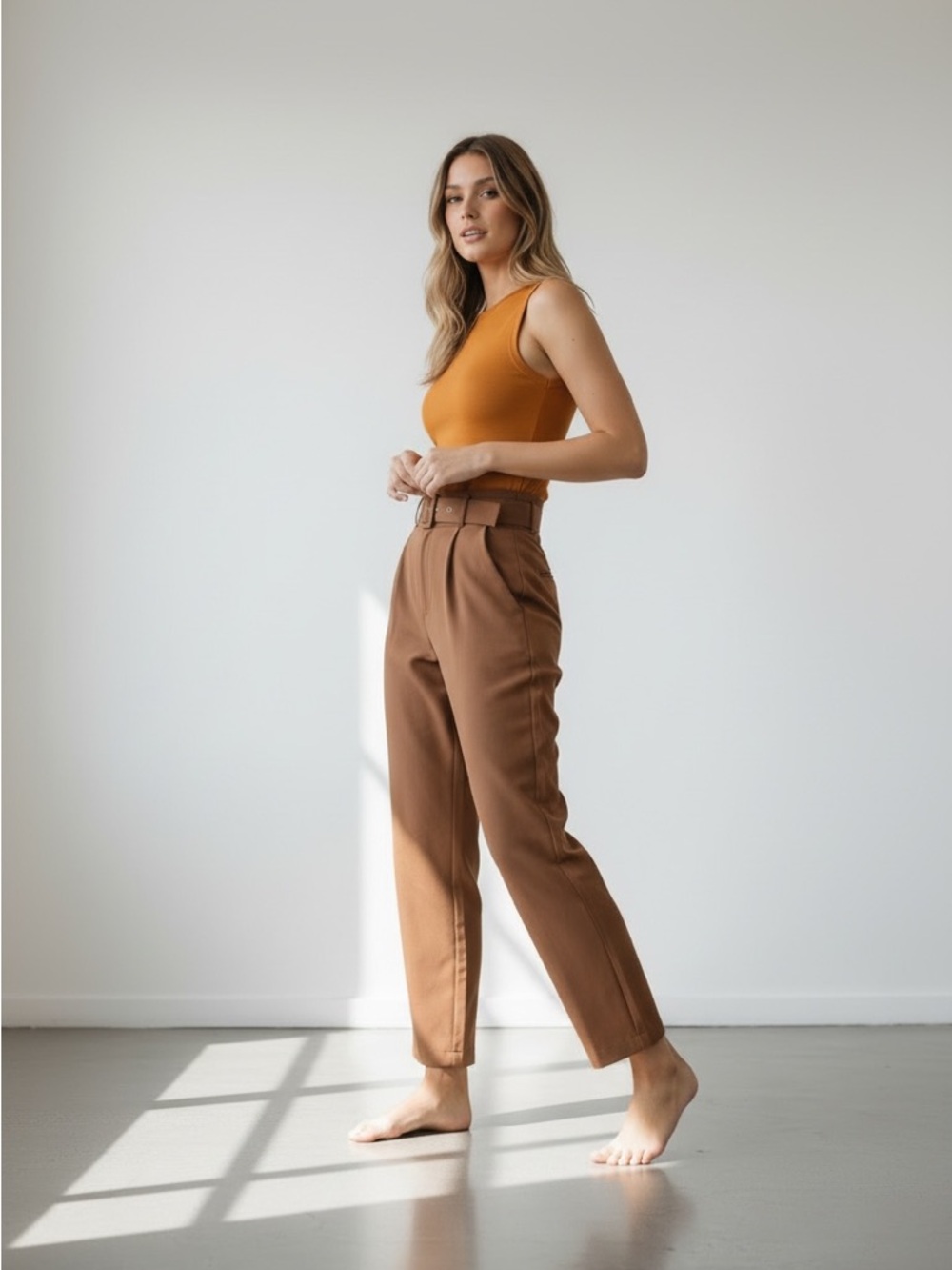 High-Waist Belted Trousers with Brown & Rust - Picture 2 of 4